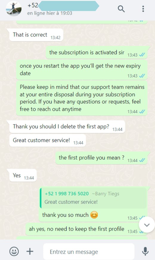WhatsApp review of TruWave TV IPTV provider: customer says 'Great customer service!' after their IPTV subscription is activated