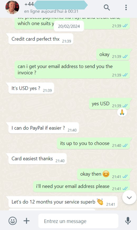 WhatsApp review of TruWave TV IPTV service: customer completing an IPTV subscription payment and calling the service 'superb'