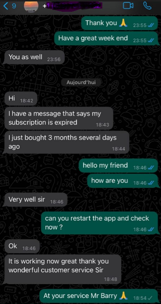 WhatsApp review of TruWave TV IPTV customer support: team resolves an expired IPTV subscription issue, customer calls it 'wonderful customer service'