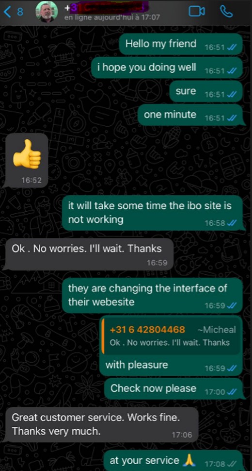 WhatsApp review of TruWave TV IPTV service: customer says 'Great customer service. Works fine. Thanks very much.' after a troubleshooting fix